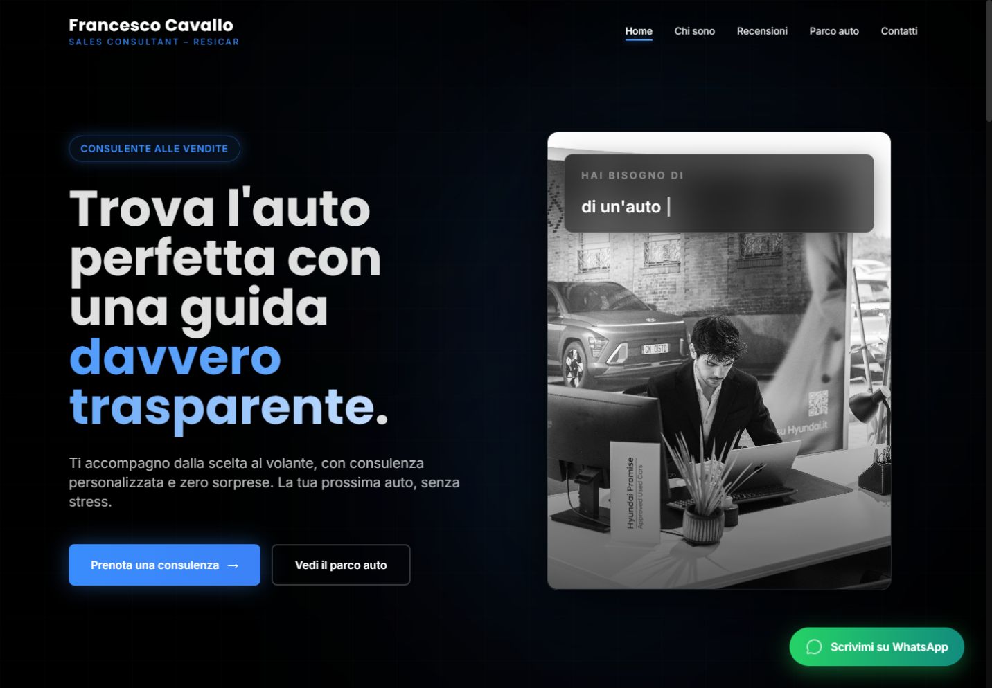 Hero di FC Select: titolo Trova l’auto perfetta, ritratto di Francesco Cavallo e pulsanti di contatto