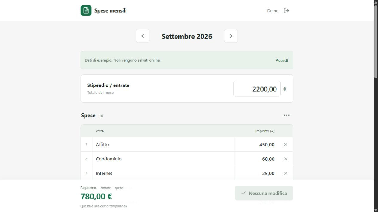 Spese Mensili in modalità demo: entrate, elenco spese e risparmio con dati di esempio